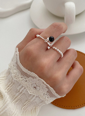 饰尚e族黑色小圆珠吊坠戒指女时尚个性设计感S925镀银开口指环网