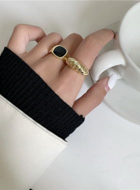 饰尚e族几何条纹开口戒指女法式复古气质优雅黑色食指指环