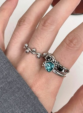 饰尚e族甜美蓝色锆石戒指女复古重工鸢尾花朵十字架开口指