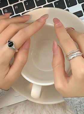 饰尚e族椭圆黑色锆石戒指女线条交叉缠绕开口指环甜酷个性