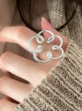 夸张花朵戒指女轻奢高级感气质几何线条小众设计开口戒指女可调节