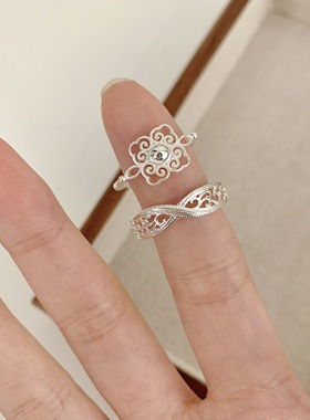 新中式风格简约戒指女小众设计精致镂空花纹戒指开口可调节高级感