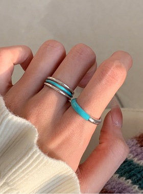 饰尚e族滴釉蓝色线条戒指女ins设计小众个性时尚感开口指环