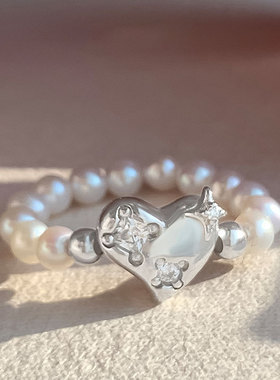 饰尚e族韩版简约爱心戒指女复古时尚甜美珍珠指环气质ins食