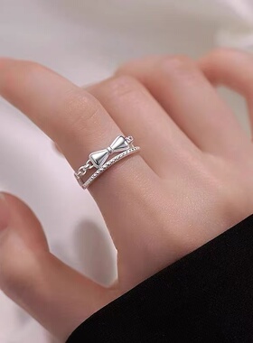 S925纯银双层蝴蝶结戒指女小众精致甜美食指戒开口可调节指环轻奢