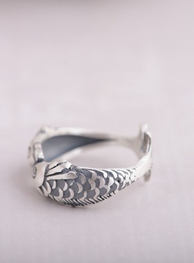 复古泰银小金鱼优雅女款开口戒指