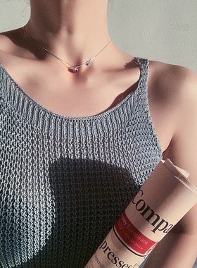 s925纯银项链锁骨链短少女心复古小爱心红色气质超仙个性礼物