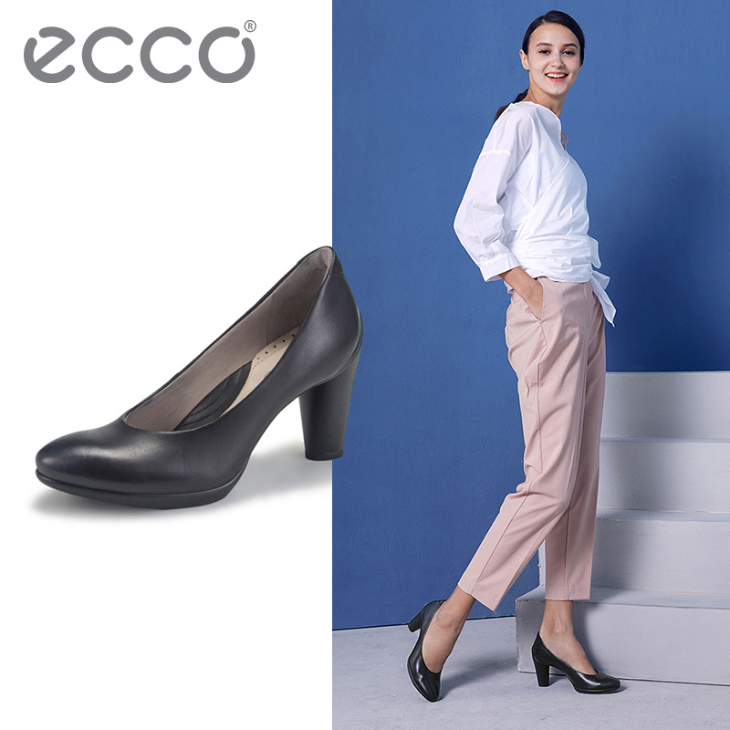 ECCO愛步 通勤高跟鞋女 圓頭粗跟淺口單鞋女正裝鞋 雕塑75 242603
