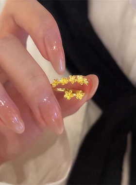 古法金桂花黄金戒指女富贵花朵尚气质999金通勤百搭活口小花指环