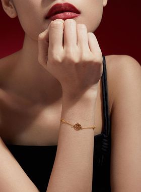 18k国风复古黄金镂空福字手链女高保色金转运珠手环细款金色首饰