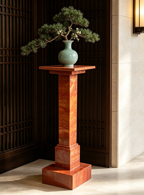 中古风红洞石罗马柱客厅高级复古玄关墩子底座展示架落地装饰摆件