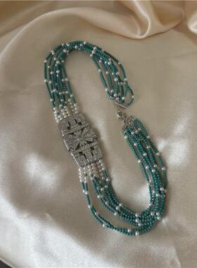 蓝色首饰轻奢项链女多层珍珠松石