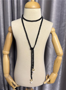 黑尖晶石珍珠手工复古长款毛衣链