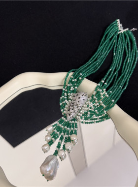 天然绿玉髓镶嵌珍珠项链豪华首饰