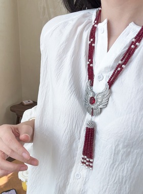 红玉髓多层流苏项链珍珠毛衣链女