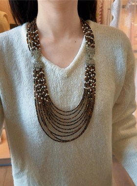 虎眼石珍珠多层长款毛衣链女豪华