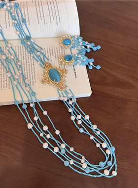 蓝色系多层珍珠毛衣链耳环套装女