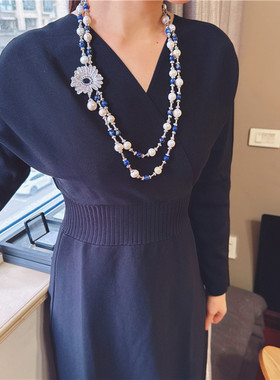 蓝色首饰青金石高贵毛衣链女珍珠