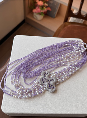 天然紫晶石小珍珠多层长款毛衣链