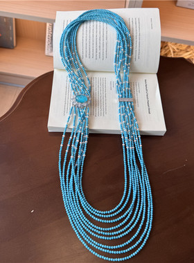 蓝色多层珍珠毛衣链复古高级感女