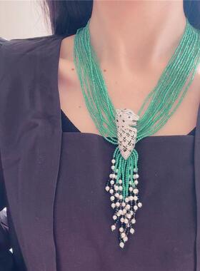 绿玛瑙珍珠多层设计高级感毛衣链