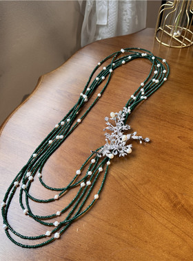 绿色多层珍珠长款毛衣链耳环套装