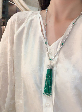 绿色玉髓长款流苏项链时尚气质女