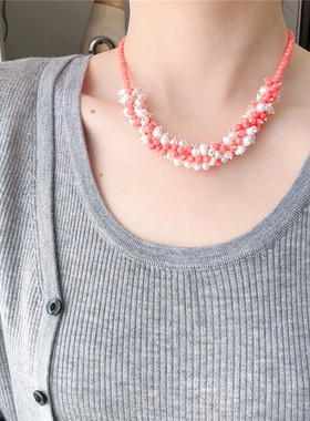 橘色设计款项链手工编织珍珠首饰