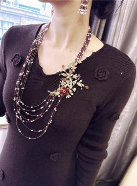 毛衣链女长款首饰高贵套装石榴石