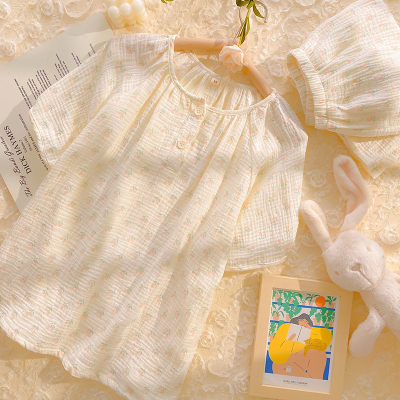 纯棉纱布睡衣女款夏天短袖短裤套装樱桃小碎花泡泡棉纱甜美家居服,淘宝优惠券,粉丝福利购,淘宝优惠卷