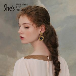 shes茜子梵高向日葵原创手工钉珠矿彩水晶大耳环复古耳钉耳饰女