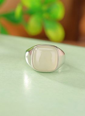 925纯银天然和田玉复古气质简约方形戒指几何开口可调节指环新款