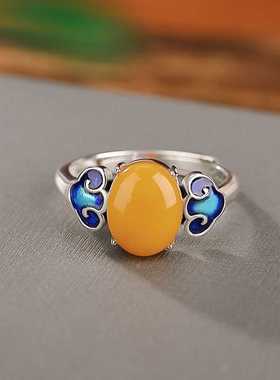 925纯银天然蜜蜡祥云蛋面戒指正品简约复古如意气质中国风指环