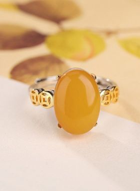925纯银天然蜜蜡椭圆蛋面戒指正品琥珀黄宝石钱币民族风新款指环