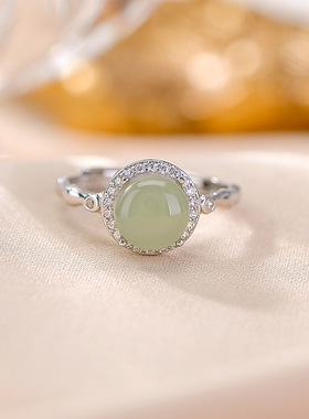 925纯银天然和田玉晴水玉圆形戒指复古新中式竹节气质百搭指环