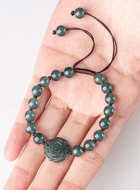 纯天然A货翡翠玉玫瑰花手链花朵手工编织手绳冰种玉石2024年新款