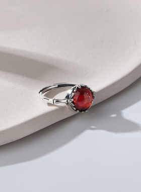 925纯银红宝石戒指女石榴石竹节复古泰银节节高可调节民族风指环