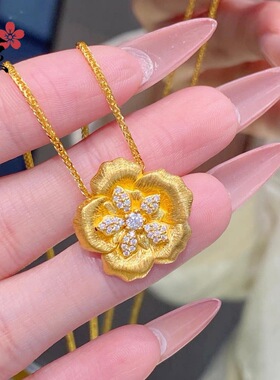 金店同款沙金项链 拉丝镶钻金花项链 轻奢日常个性百搭时尚高级感