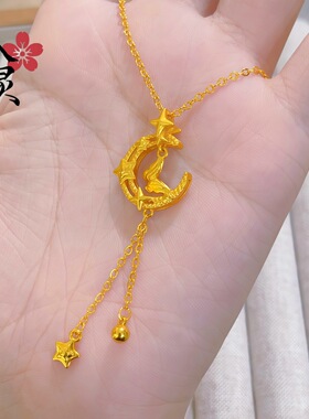 沙金新款天上月项链金色中式星月蝴蝶项链黄金色小众设计感饰品女
