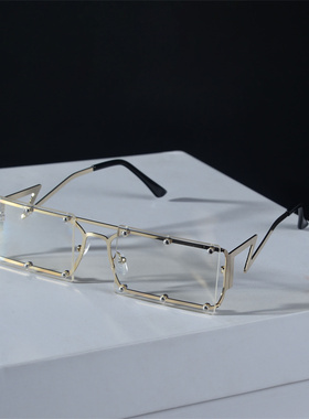 欧美复古无框方框切边墨镜时尚个性长方形连体太阳镜圆脸显瘦眼镜