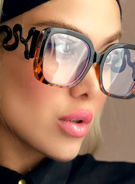 欧美复古方形大框蛇形平光眼镜