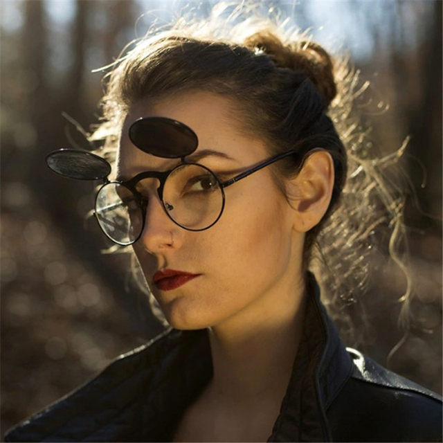 Punk double-layer flip metal trendy round face sunglasses