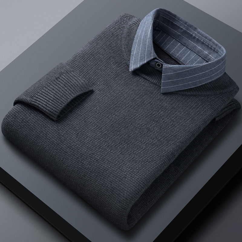 罗蒙假两件针织衫男秋装长袖保暖衬衫领毛衣2024新款冬季男士上衣