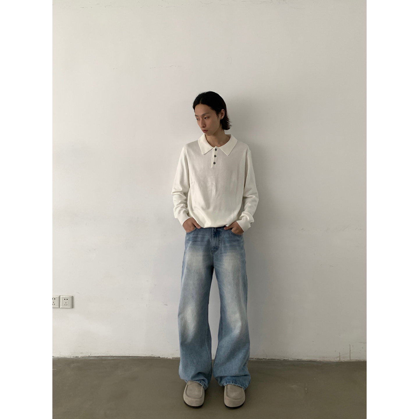 INKNOTS美式复古水洗做旧猫须牛仔裤男女宽松休闲baggy直筒阔腿裤 - 图2