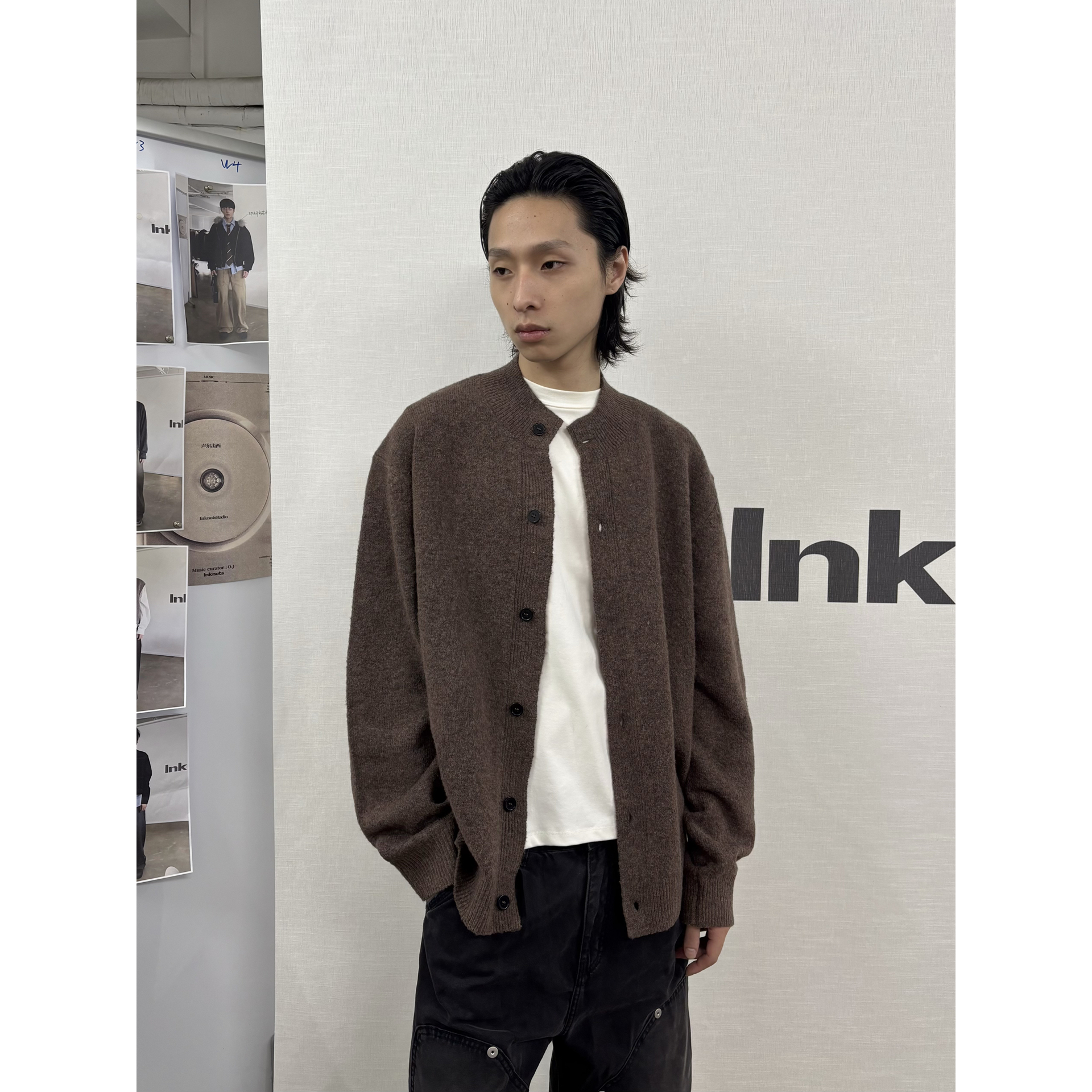 INKNOTS美式复古羊毛混纺毛衣开衫男女简约休闲慵懒感针织外套ins - 图0