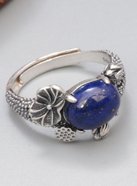 S925纯银荷叶莲蓬青金石戒指女 复古简约民族风户口指环饰品批发