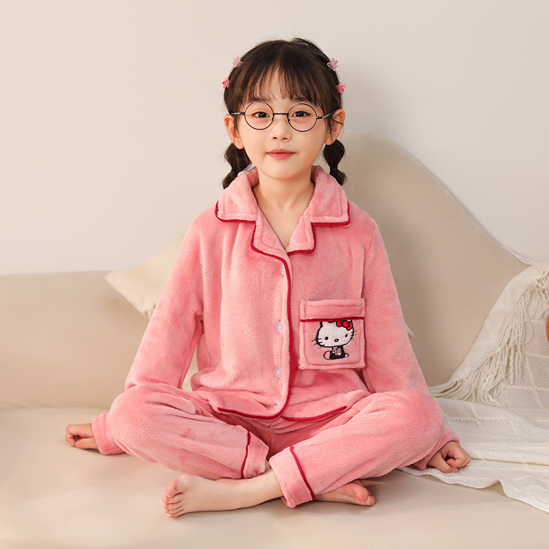 秋冬季儿童睡衣男女童小孩大童情侣青年法兰绒开衫加厚套装家居服 - 图3