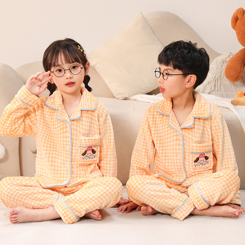 秋冬季儿童睡衣男女童小孩大童情侣青年法兰绒开衫加厚套装家居服 - 图0