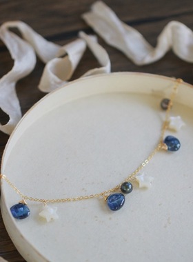 *小夏日*深海九万里*天然蓝晶石大溪地珍珠白蝶贝14K包金手链仙女