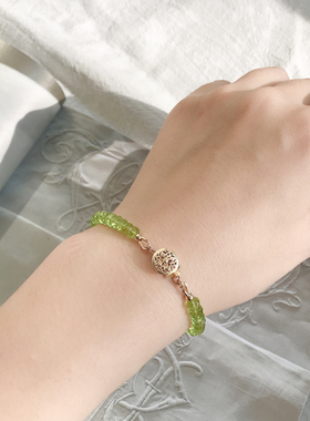京都庭院绿*印度天然橄榄石刻面盘珠蕾丝花扣14K包金手链仙女手串